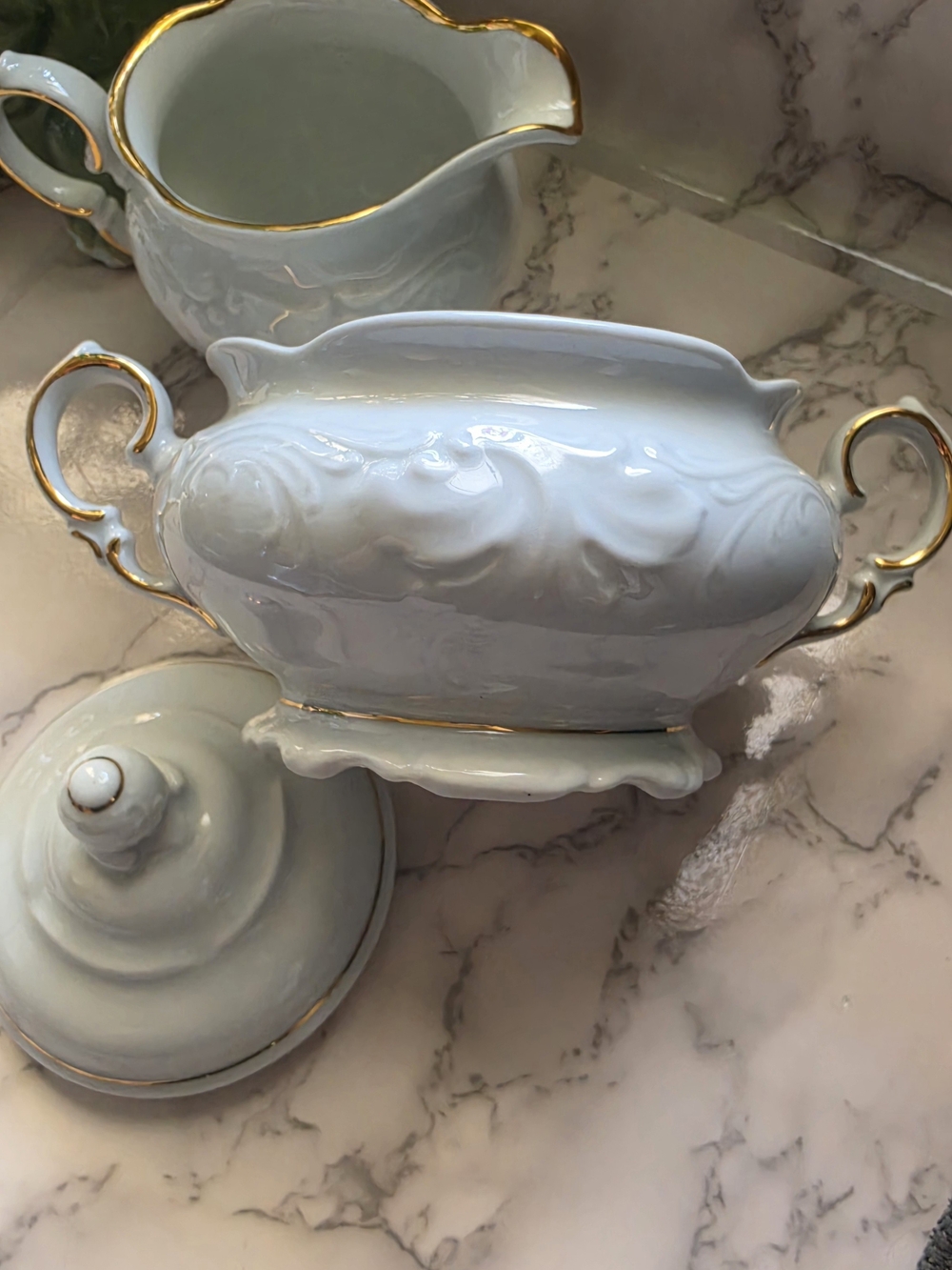 White Porcelain Sugar Bowl and Creamer Bowl with Gold Trim - Elegant Serveware